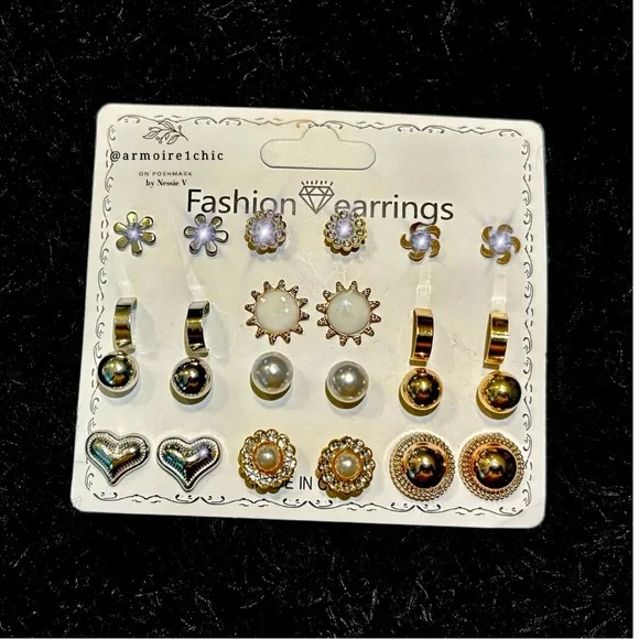 Classic Fashion EARRINGS | 12 pairs | Metallic Silver, Hearts, & Crisp Crystals - Picture 5 of 5